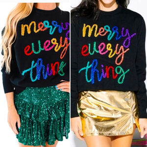 Queen of Sparkles Black Merry Everything Tinsel Christmas Sweater Women's Large